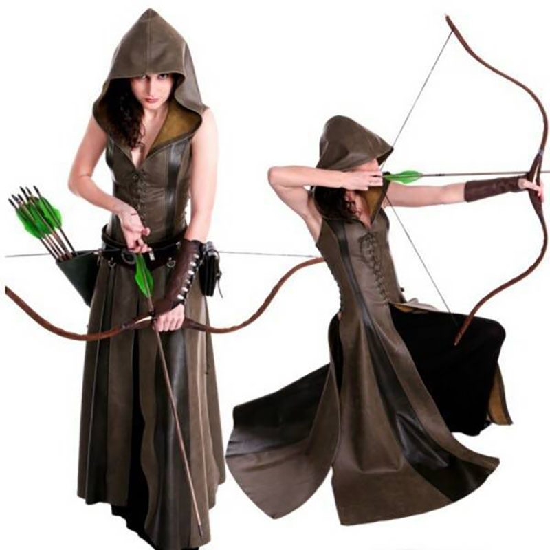 Femmes médiévales Larp Archer Ranger elfe Costume femme guerrier Halloween Robin Cosplay Robe de pansement en cuir à capuche Robe Maxi cape