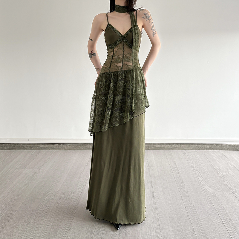 Robe Vintage Style Forêt en Dentelle Patchwork pour Femme, Transparente, à Bretelles, Taille Cintrée, Douce, Mode Coréenne
