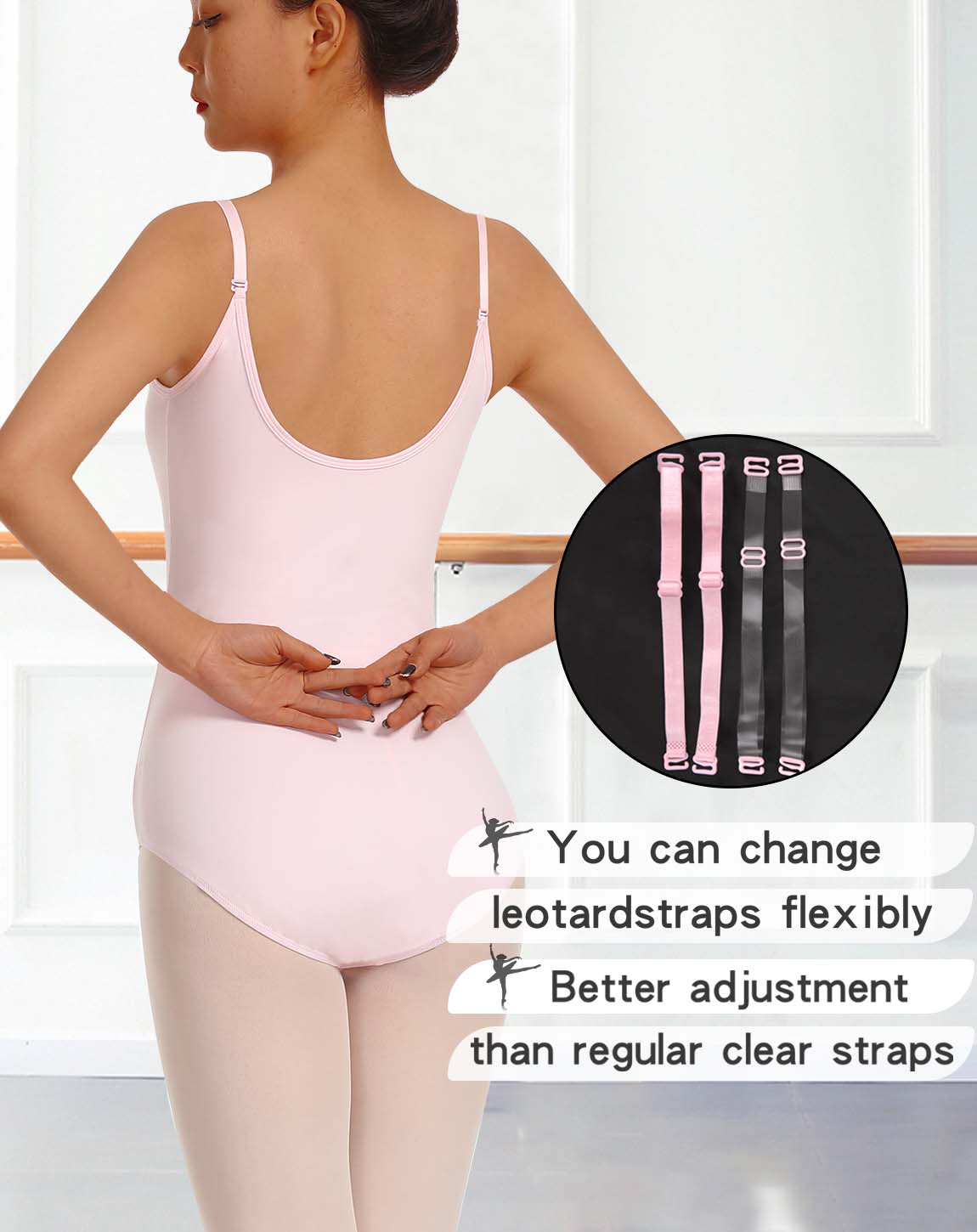 Justaucorps de danse Camisole pour femmes, bretelles élastiques et transparentes réglables détachables, doublure avant complète