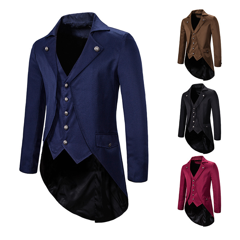 Costume de soirée vintage pour homme, veste de smoking, cosplay, costume de fête, faux deux queues-de-pie, vêtements d'Halloween, hauts, queue d'aronde, uniforme formel