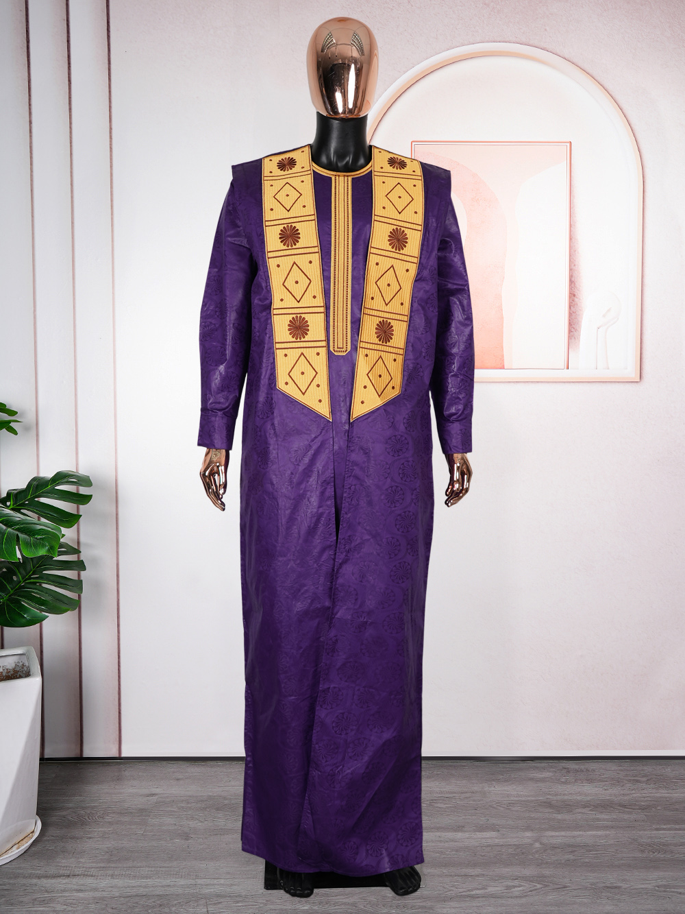 Vêtements africains pour hommes, Bazin Riche, design brodé, hauts à manches longues et pantalons, ensembles 3 pièces, tenue traditionnelle violette