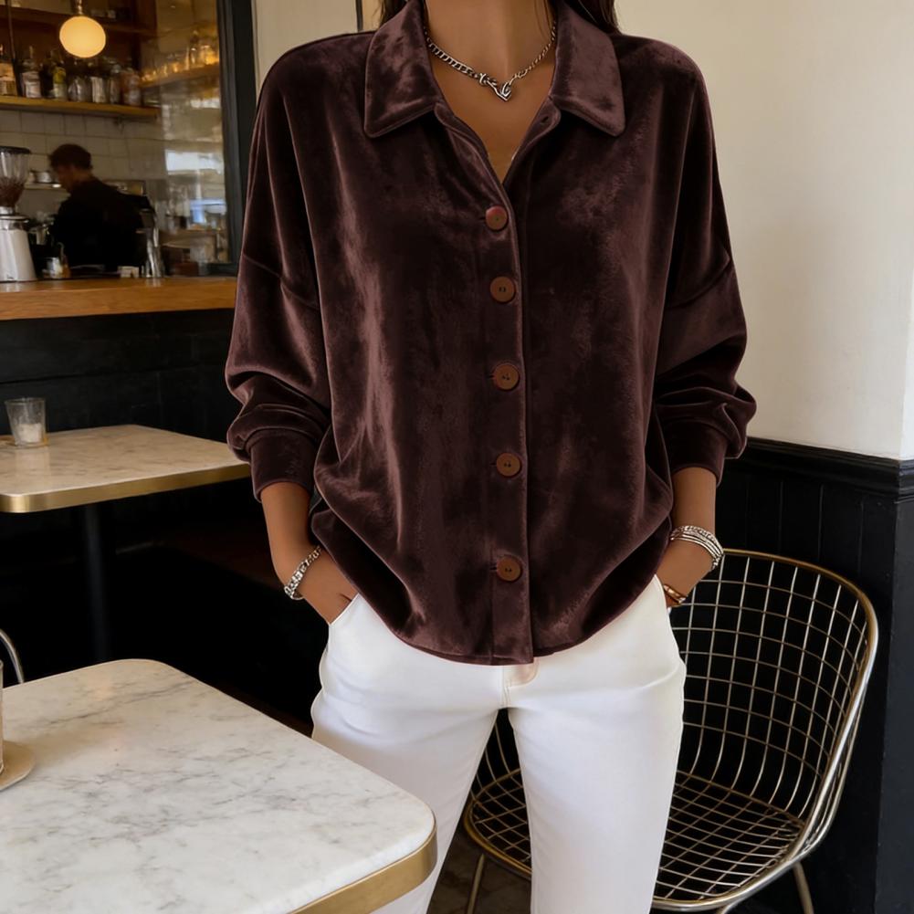 Chemise pour femmes, couleur unie, col à revers, manches longues, texture en velours, hauts pour femmes, coupe ample, boutons, patte de boutonnage, hauts de travail