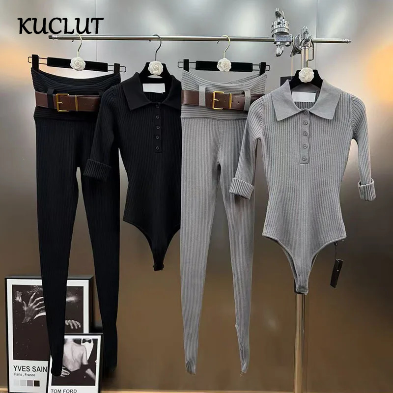 KUCLUT mode nouveaux articles coupe ajustée col rabattu tricot pull body pour femmes avec ceinture pieds Leggings femme 1A1984