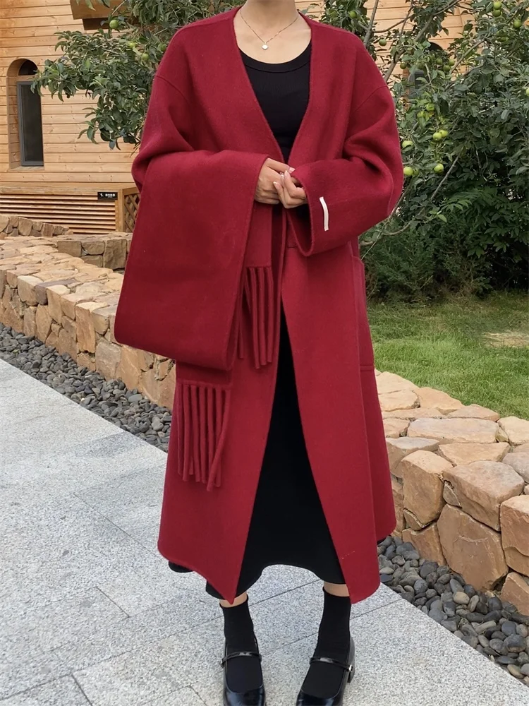 Manteau en laine à col en V pour femme, pardessus femme mi-long, écharpe double face, cachemire chaud, mode coréenne, automne, hiver, nouveau