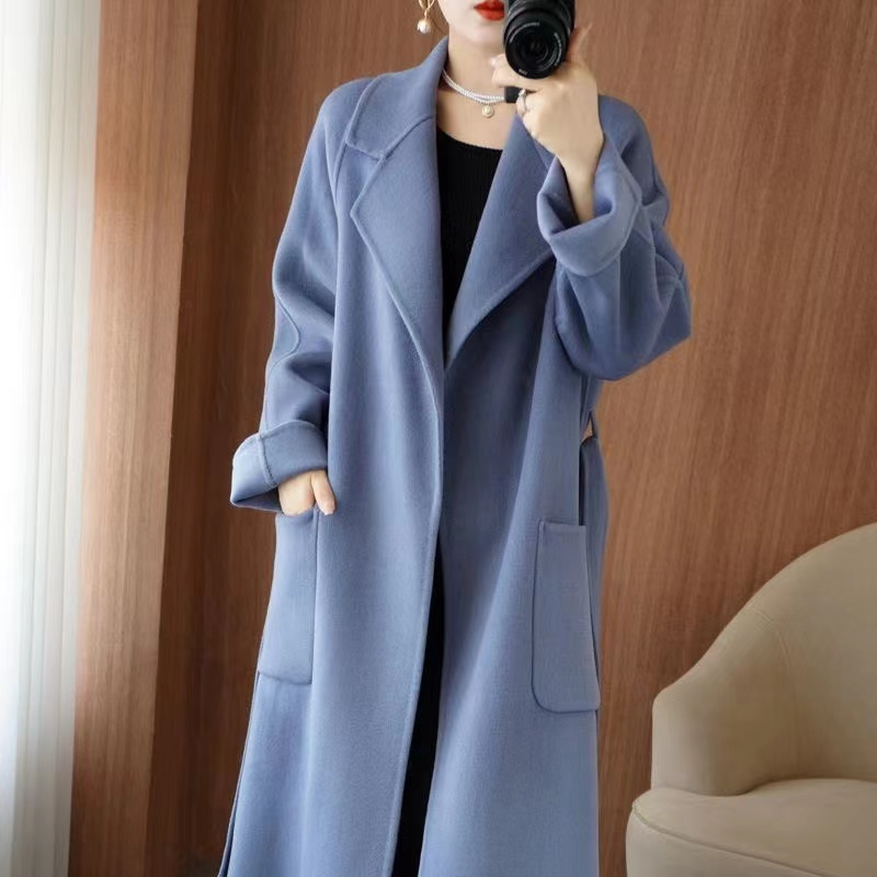 Manteau en laine 100% pour femme, vêtement de tempérament, Double face, en cachemire avec ceinture, pardessus Long élégant, mode automne/hiver 2024