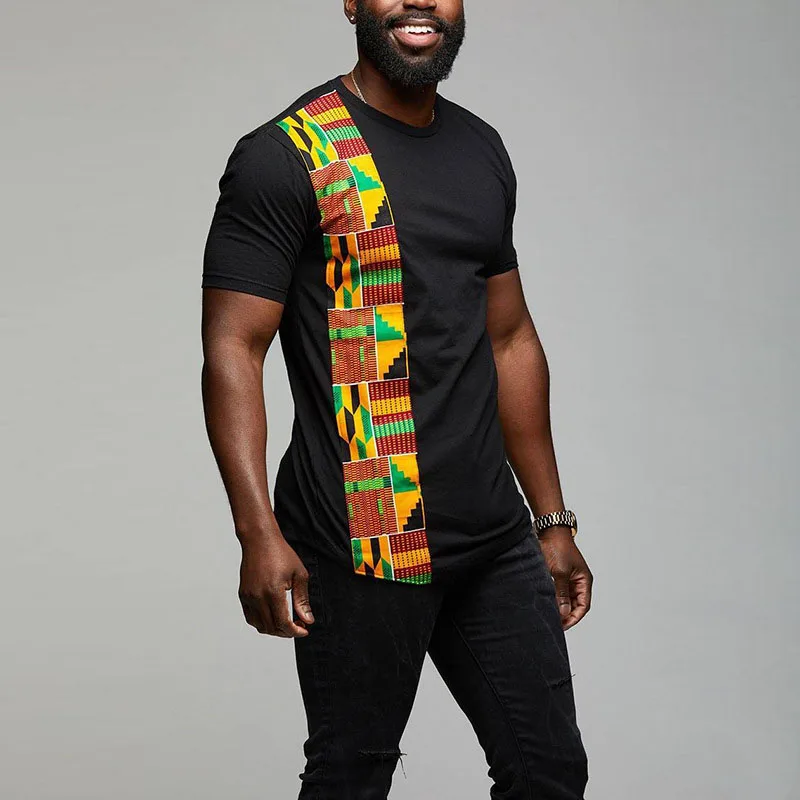 T-shirt Africain à Manches Courtes et Col Rond pour Homme, Vêtement avec Patchwork de Documents Imprimés, Style Ankara, Noir