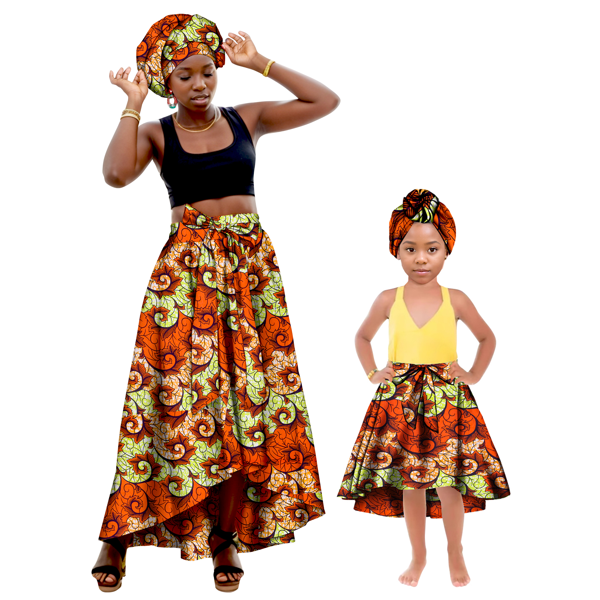 Vêtements assortis pour la famille africaine, mère et fille, bandeau + jupes, robe en coton imprimé africain, jupes de fête pour femmes et filles
