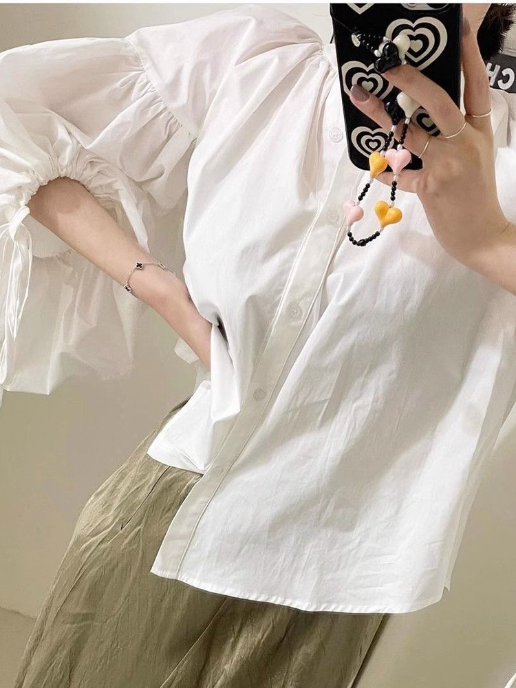 Chemisier Chic et Décontracté pour Femme à Manches Lanterne, Col Rond, Coupe Ample, Style Coréen, avec Lacets, Tendance Printemps