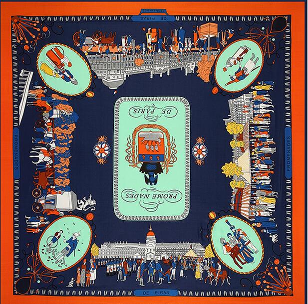 Nouveauté marque châle 100% sergé foulard en soie travaillant à Paris 130 cm foulards carrés imprimer foulard Bandana femme bandeau Hijab