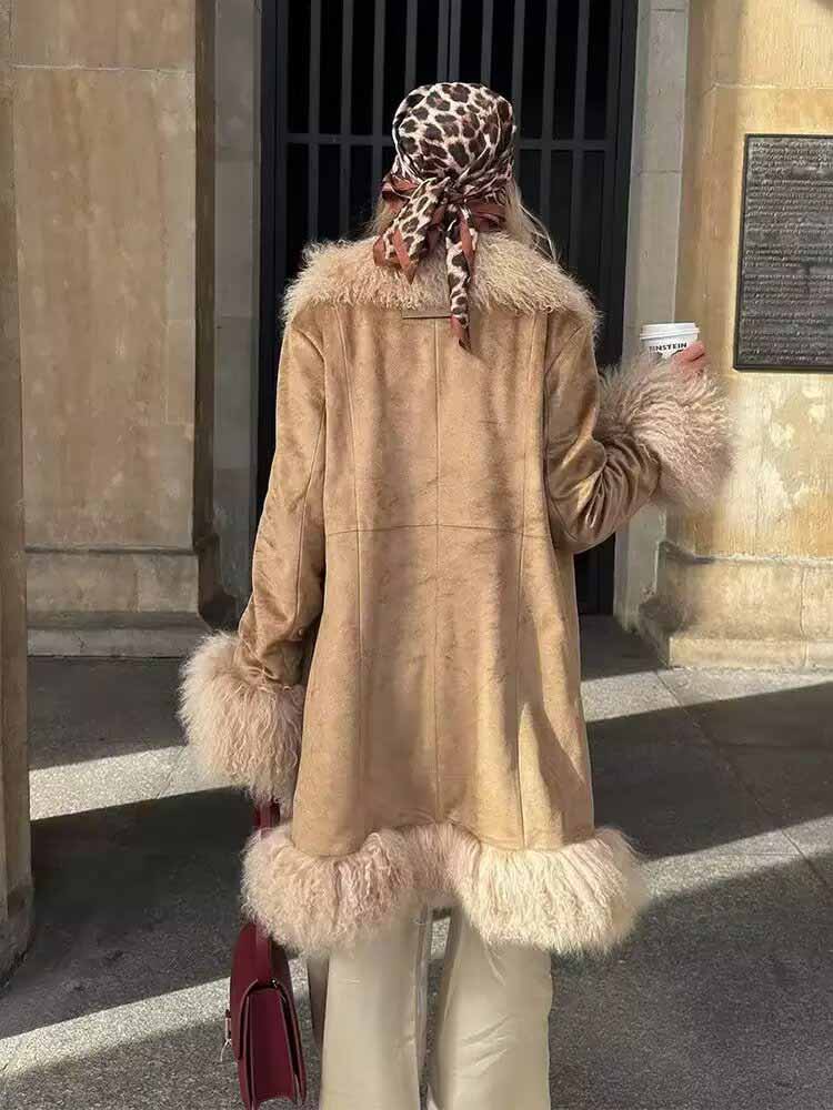 HH femme décontracté manches longues pardessus femme début du printemps tendance mode daim fourrure épissage Shaggy décoration manteau de longueur moyenne