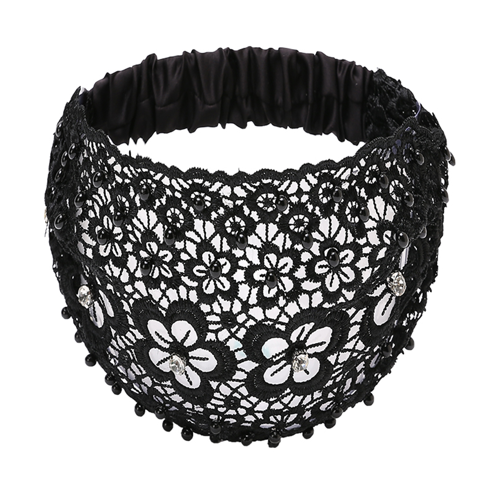 Serre-tête large ajouré pour femme, avec crochet, dentelle, perles, style bohème, élastique, motif floral découpé, accessoire de coiffure vintage