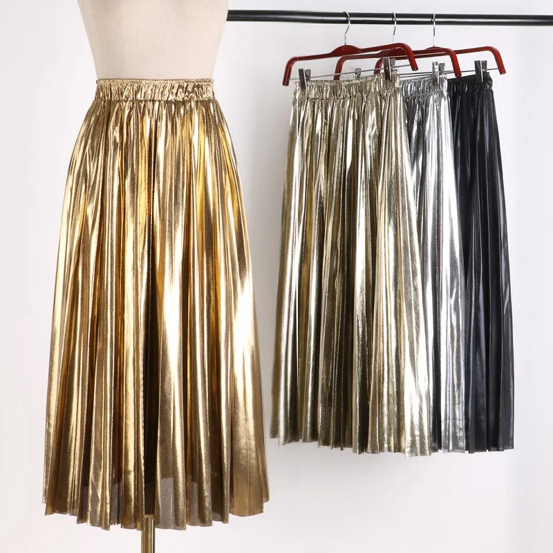 Jupe plissée mi-longue trapèze taille haute pour femmes, nouvelle collection automne-hiver 20224, mode coréenne, or argent, jupes longues élégantes