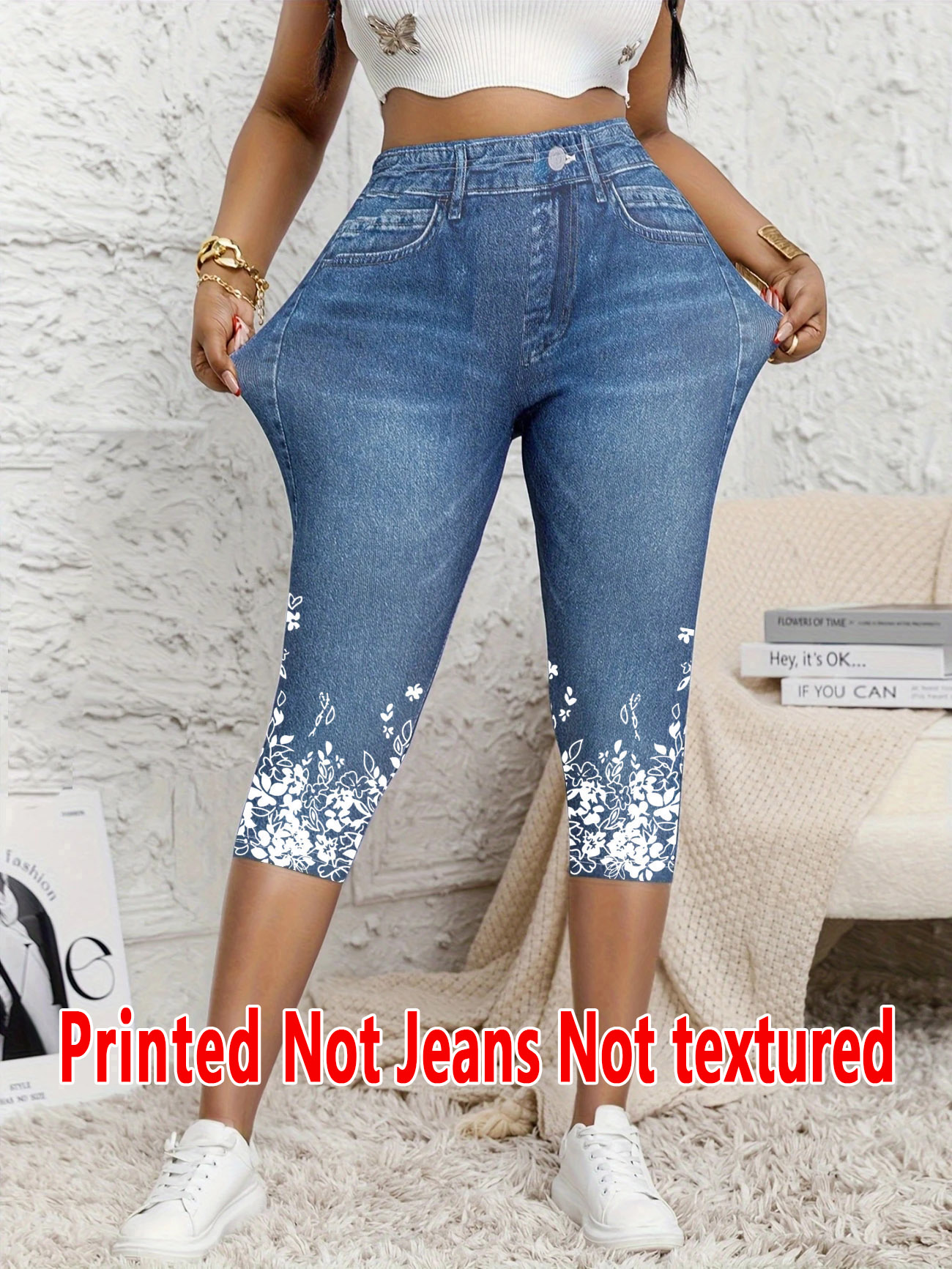 5898 [Leggings imprimés - Non en tissu denim] Leggings pour femmes à sept points avec un imprimé imitation denim, pantalon moulant