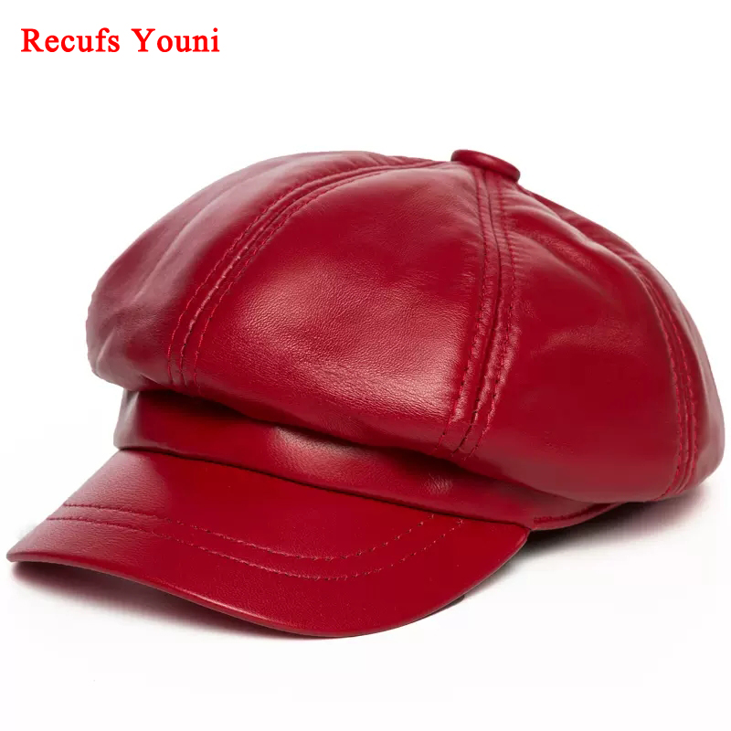 Chapeau octogonal en peau de mouton pour femme, cuir véritable, casquettes de béret de peintre chimilote coréen, Streerwear rouge et bleu, Sophia Femme, hiver