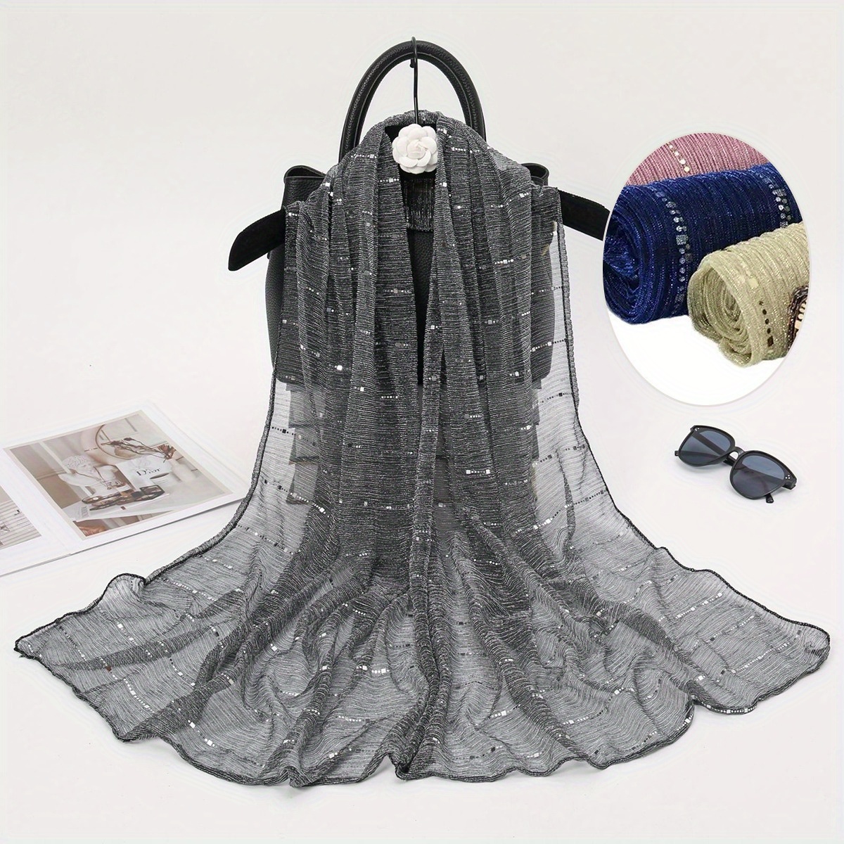 1 pièces printemps et automne femmes haute élasticité sequin chaîne écharpe, mèche soie longue écharpe, écharpe indienne, écharpe en soie coulissante
