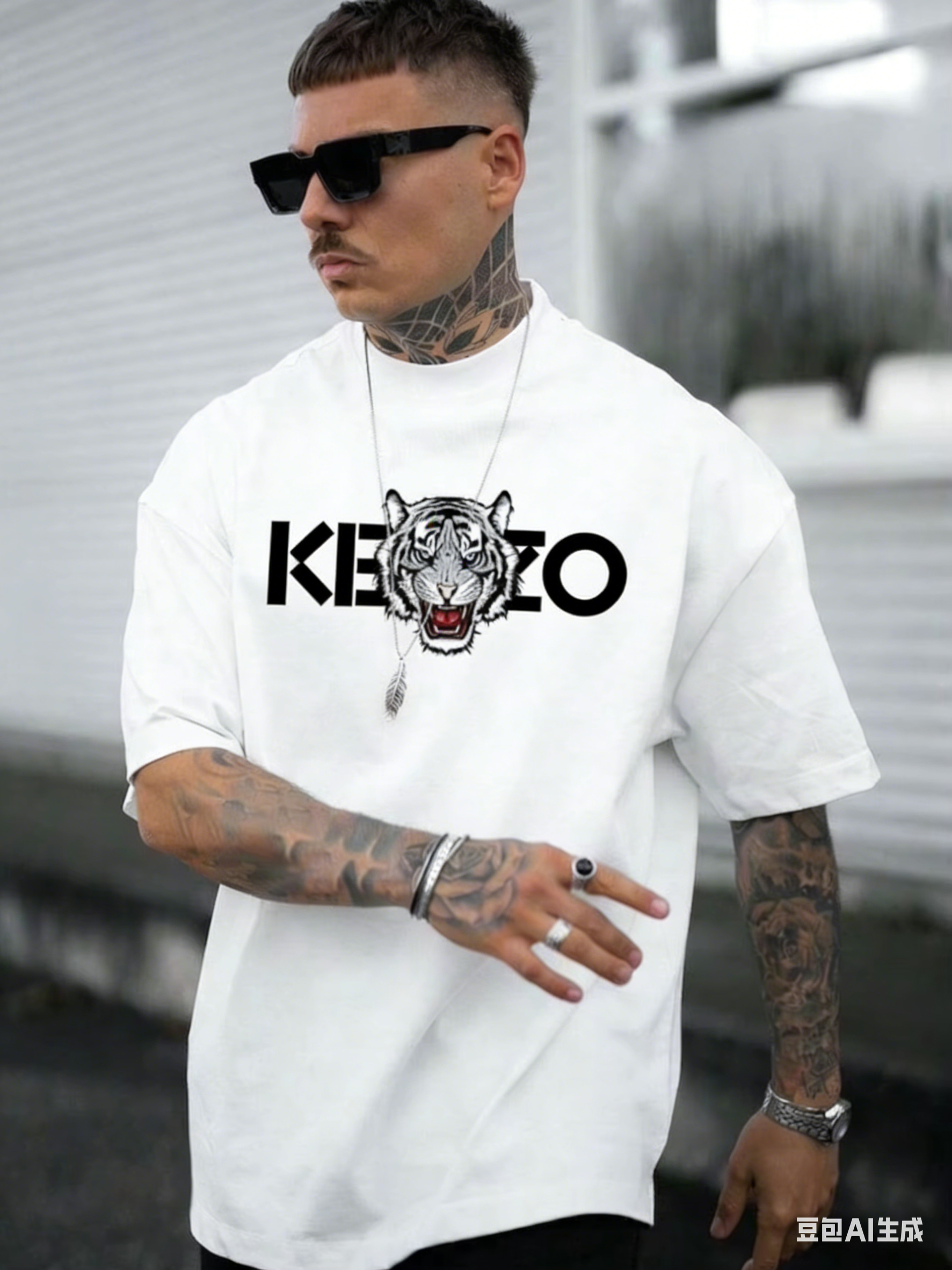 T-shirt graphique tête de tigre pour homme, style streetwear, en coton, imprimé lettres inspiré du luxe, haut décontracté tendance, style Ins, streetwear, été