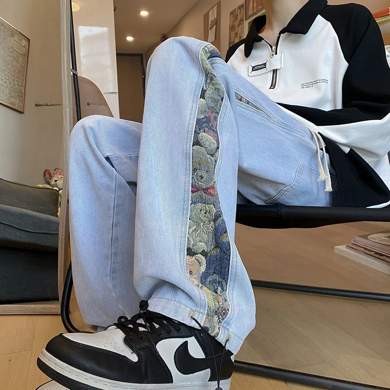 Jean ours brodé pour hommes, pantalon décontracté, jambe droite, jambe large, marque américaine, rue haute, mode printemps automne, 2023