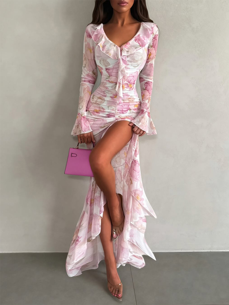 Robe longue sexy pour femme à imprimé orange, chic, avec volants, col en V, ceinture, fente, manches courtes, pour soirée et vacances