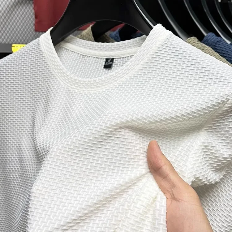 T-shirt d'été en soie glacée pour hommes, nouveau Style, maille élastique avec nœud en bambou, col rond, demi-manches, chemise de Base, respirant, confortable, court