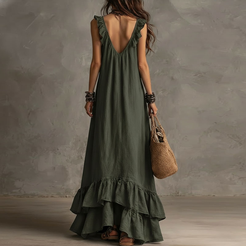 Robe longue maxi bohème à volants et ourlet irrégulier pour femme, col en V profond, ample, sans manches, unie, pour le printemps et l'été, idéale pour les fêtes et la plage, Nouvelle collection