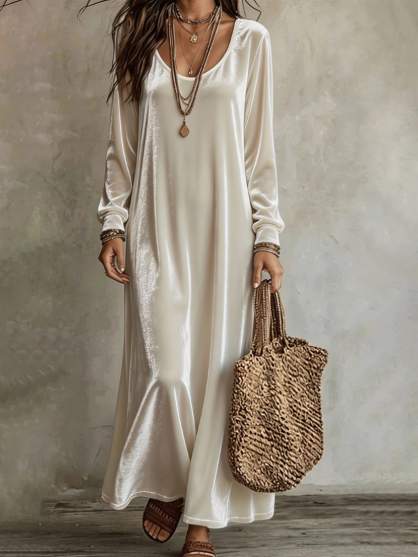 Robe en velours pour femmes, élégante robe maxi à manches longues.