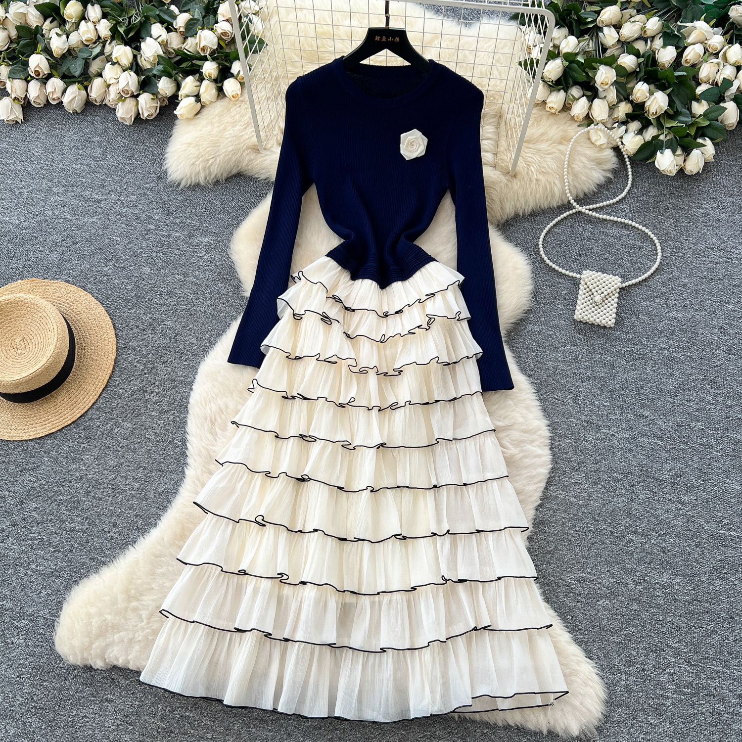 Robes longues à fleurs en tricot, élégantes et Chic, à plusieurs niveaux, pour soirée française, High Street, vêtements pour femmes, automne et hiver