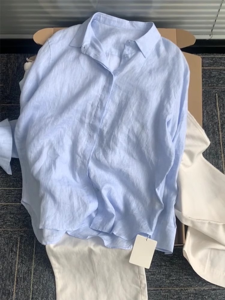 Décontracté bureau dames travail couleur unie chemise en lin à manches longues printemps été simple boutonnage coupe ample mode femmes Blouses hauts