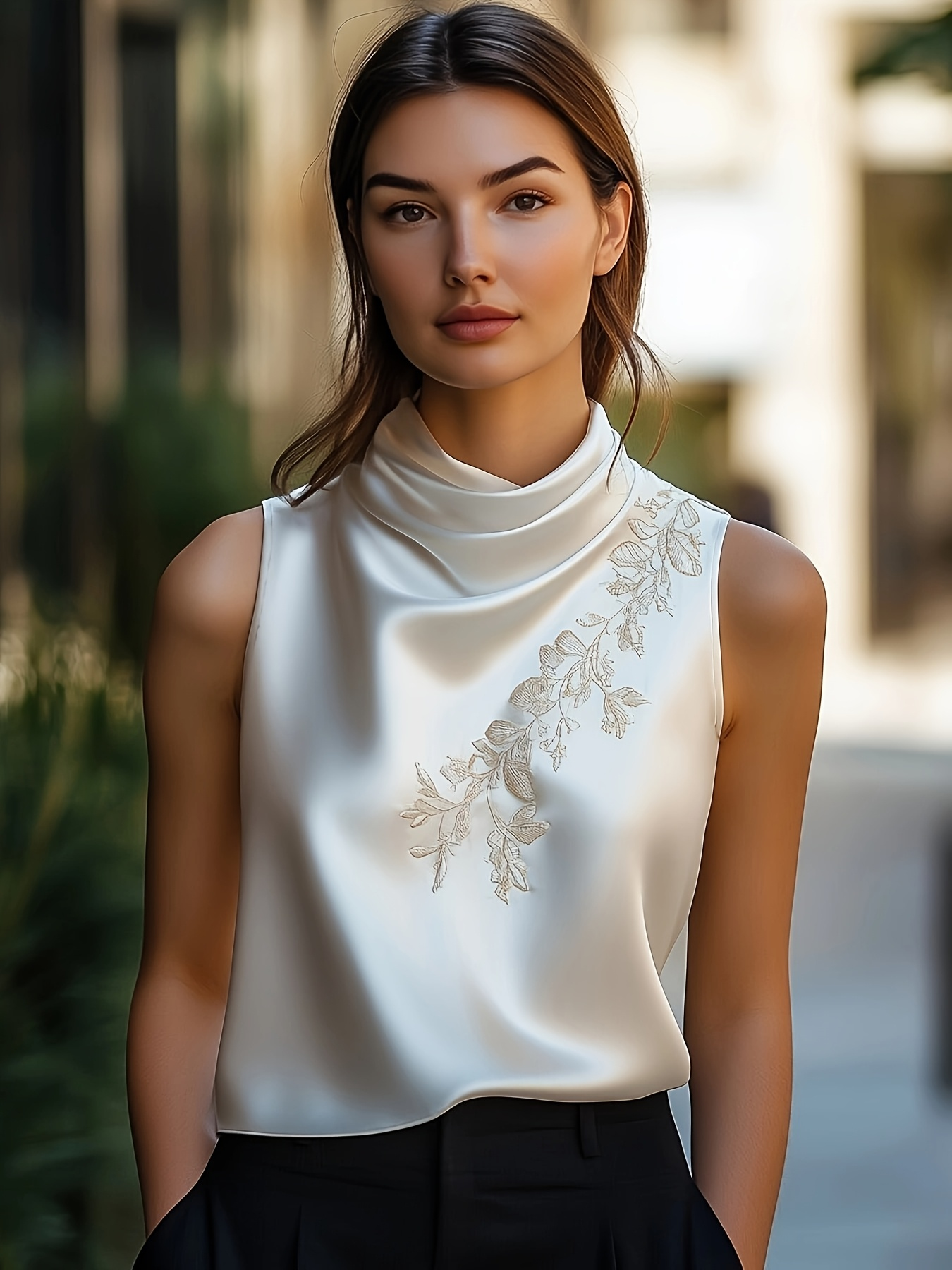 Gilet élégant brodé à col cape pour femme, débardeur sans manches décontracté et tendance pour le quotidien et le streetwear