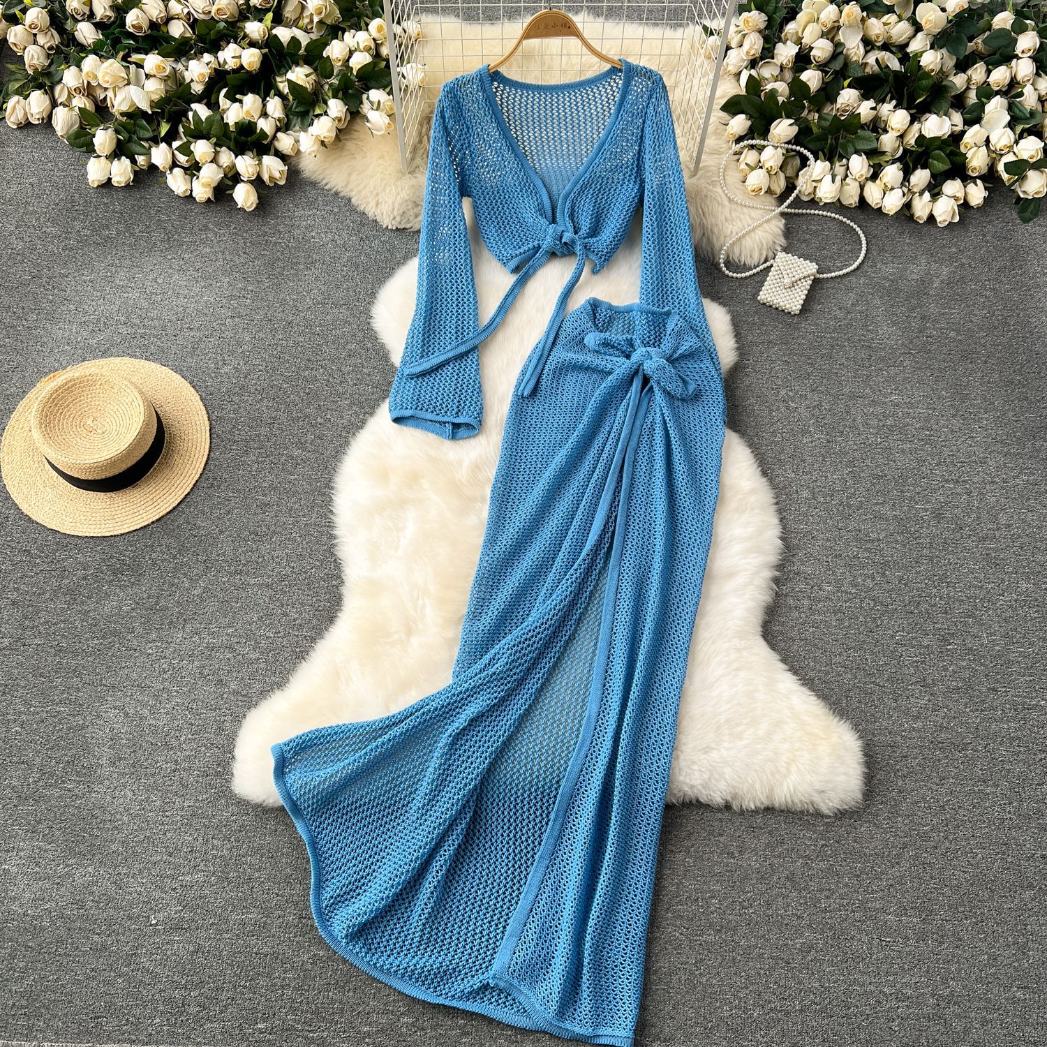 Ensemble 2 pièces tricoté pour femmes, décontracté, tendance, couleur unie, tasses à manches longues, Cardigans, jupes ajourées, vêtements féminins, vacances à la plage
