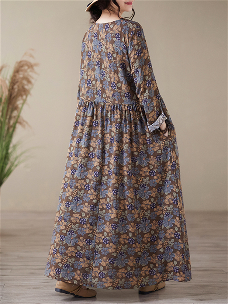 Robe longue à manches longues en coton imprimé floral vintage pour femme, collection Printemps-Automne 2026, style décontracté et ample, vêtements de mode