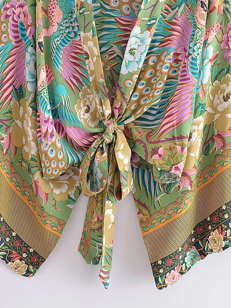 Boho Dinner ens Peacock Short Robe Kimono Swimsuits for Women, Floral BatOOSleeves, Rayon, Bohemian Bikini Cover Ups, Beachwear, Fashion