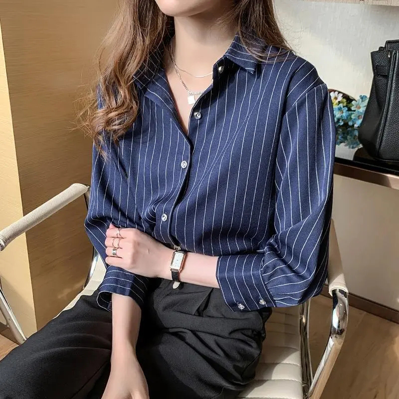 Chemise rayée pour femmes, Vintage, Chic, ample, manches longues, haut Y2K, bureau, mode dames, décontracté, col rabattu, chemisier assorti avec tout, été