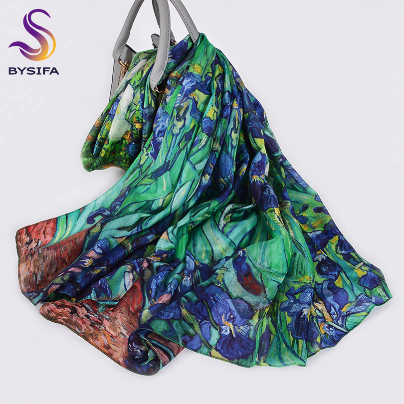 [BYSIFA] nouveau bleu vert foulard en soie châle femmes marque de mode 100% Pure soie longues écharpes automne hiver chaud cou foulard Hijab