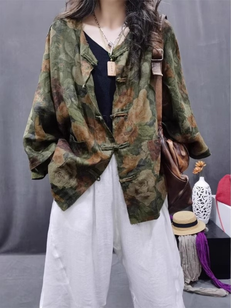 Vêtements pour femmes en coton et lin, automne 2025, Style ethnique rétro, haut en détresse, ample, imprimé, veste florale polyvalente w739