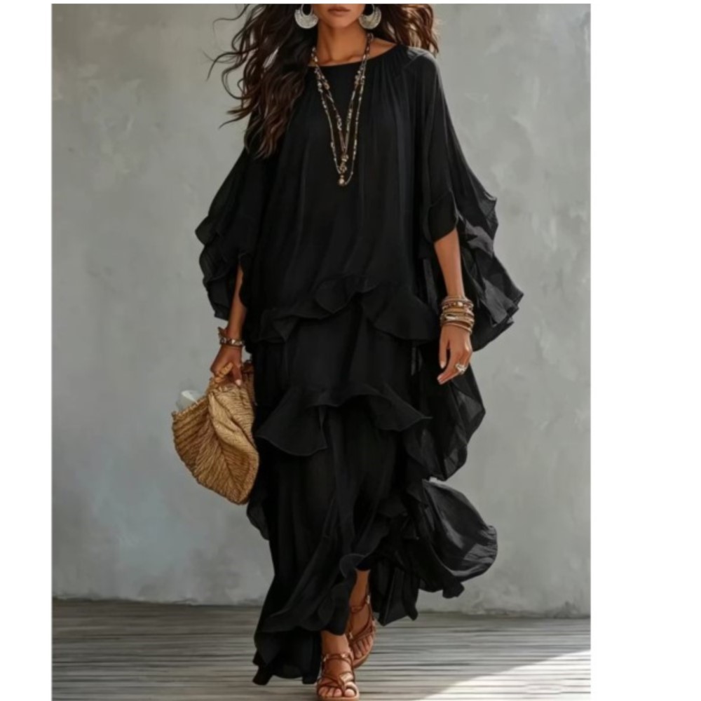 Robe longue d'été bohème en mousseline pour femme, col rond, manches chauve-souris, à volants superposés, ample et fluide, idéale comme robe de plage ou de vacances.