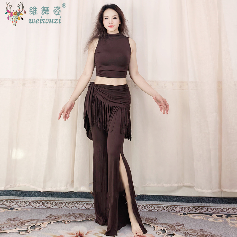 Ensemble de costumes de danse du ventre pour femmes, vêtements de pratique doux et confortables, haut + pantalon, chaîne de taille, 3 pièces, tenue d'entraînement de danse de groupe orientale