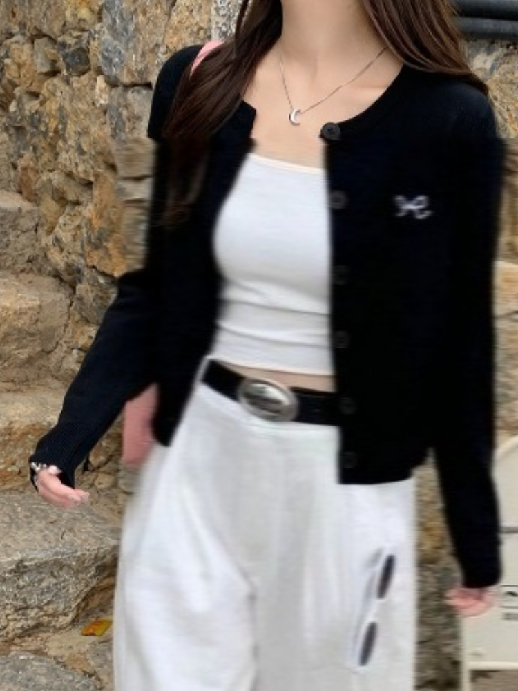 Cardigan tricoté à col rond pour femme, haut à simple boutonnage, Style coréen, avec nœud brodé, couleur unie, pull à manches longues, automne hiver