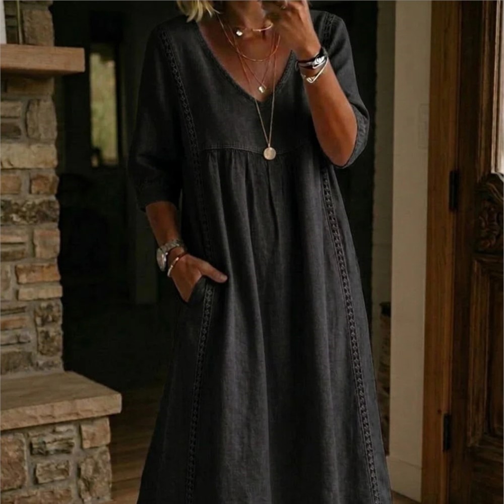 Robe longue décontractée et élégante, style bohème, col en V, à poches, couleur unie, coupe ample, pour le quotidien, printemps-été, style rétro, pull-over en dentelle