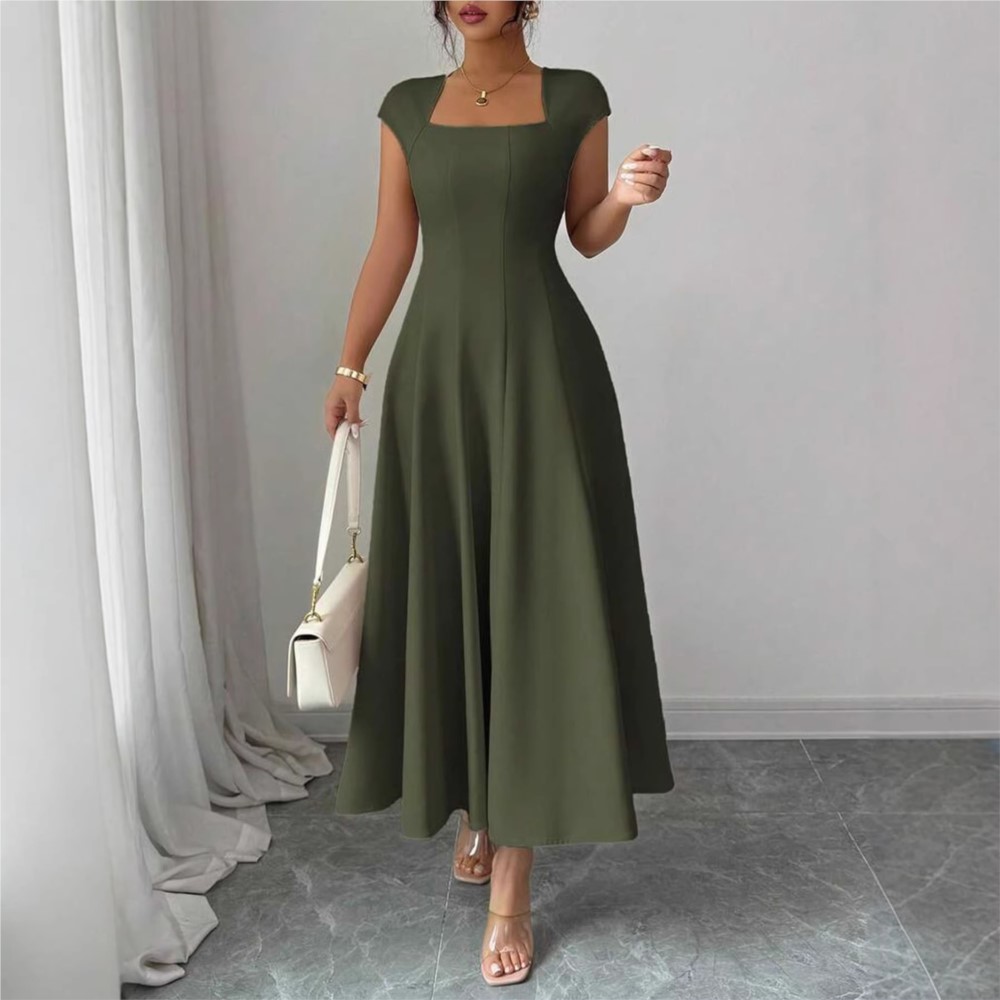 Robe de soirée élégante 2026 pour femme, coupe trapèze, pour fête, mariage, ou banquet, à manches courtes, couleur unie, style raffiné