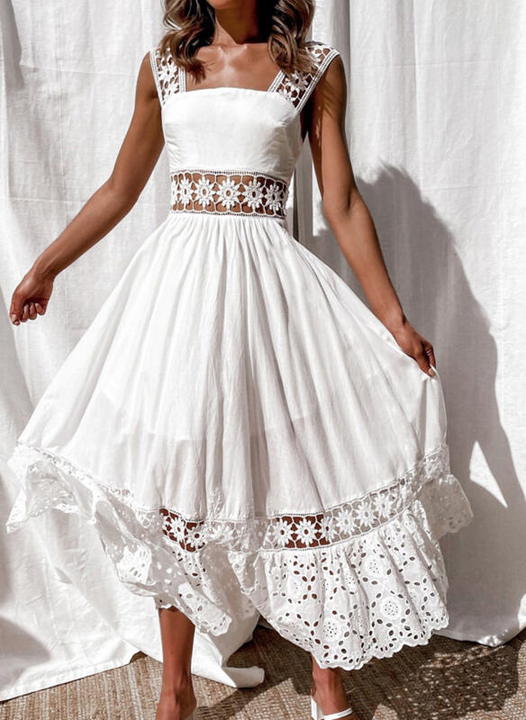 Robe femme blanc évider coton robe d'été dentelle sans manches longue épissage été fête élégante soirée femme jupe vêtements