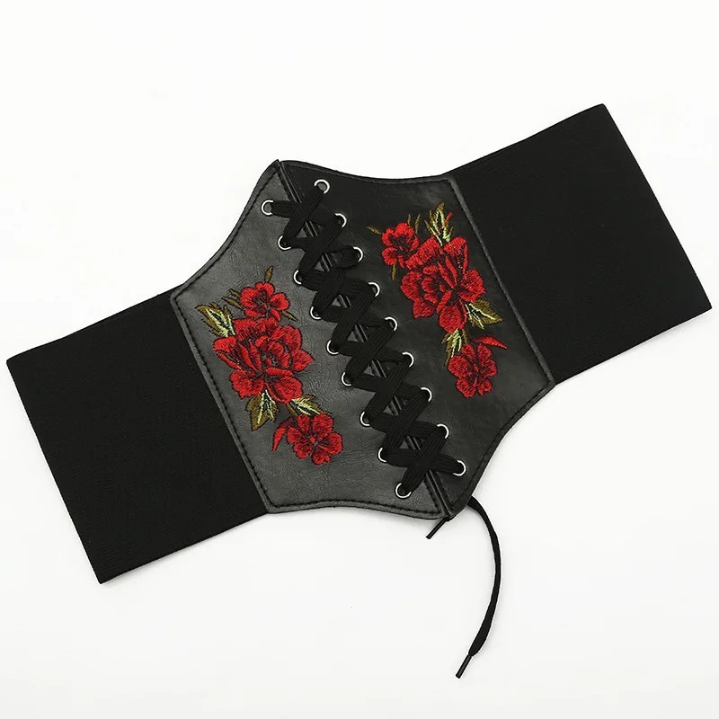 Ceinture Corset gothique pour femmes, mode PU, broderie de fleurs, ceinture amincissante, Vintage, noire, large, pour filles