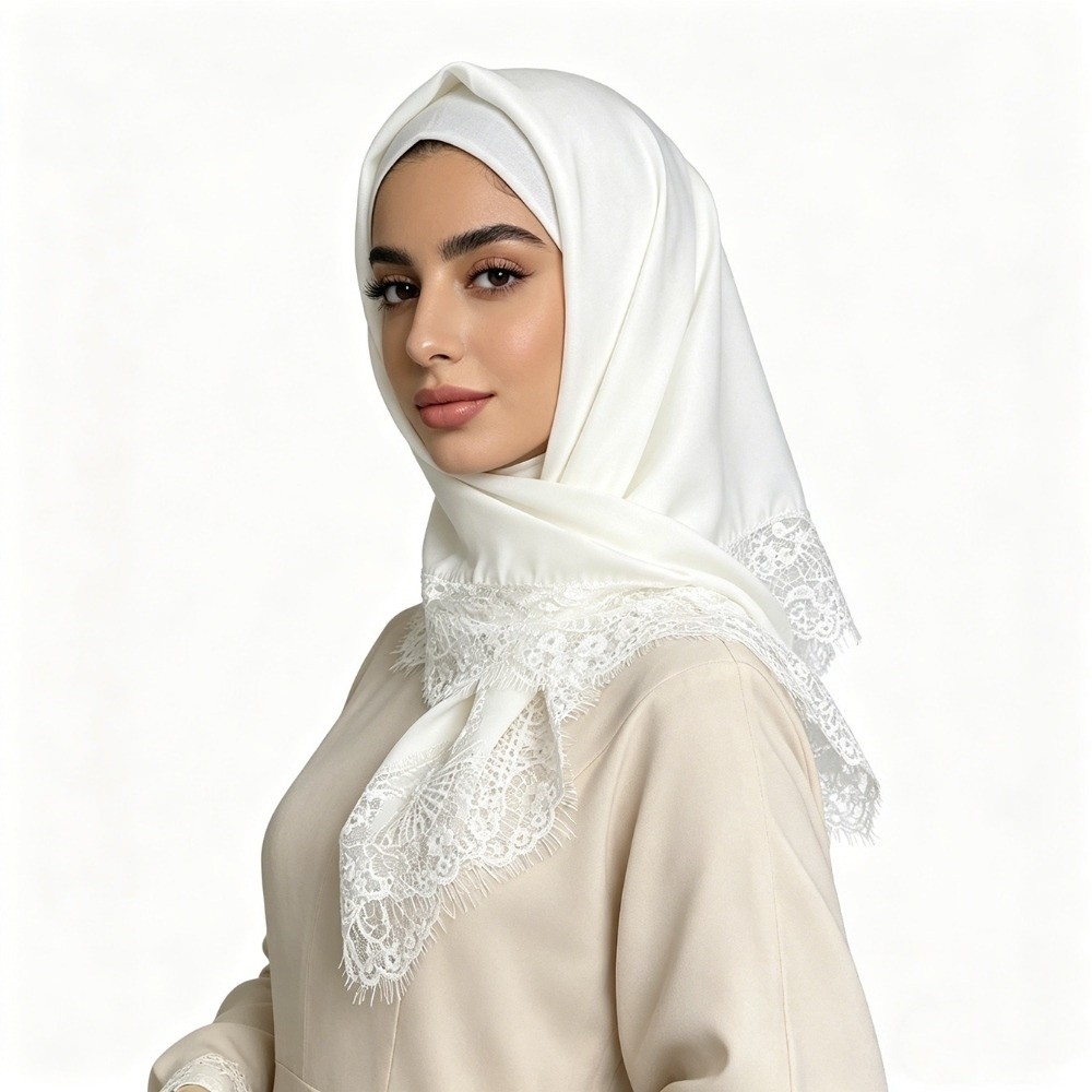 Écharpe carrée unie tendance avec bordure en dentelle, en fibre de satin lisse, protection solaire, hijabs en soie pour la plage