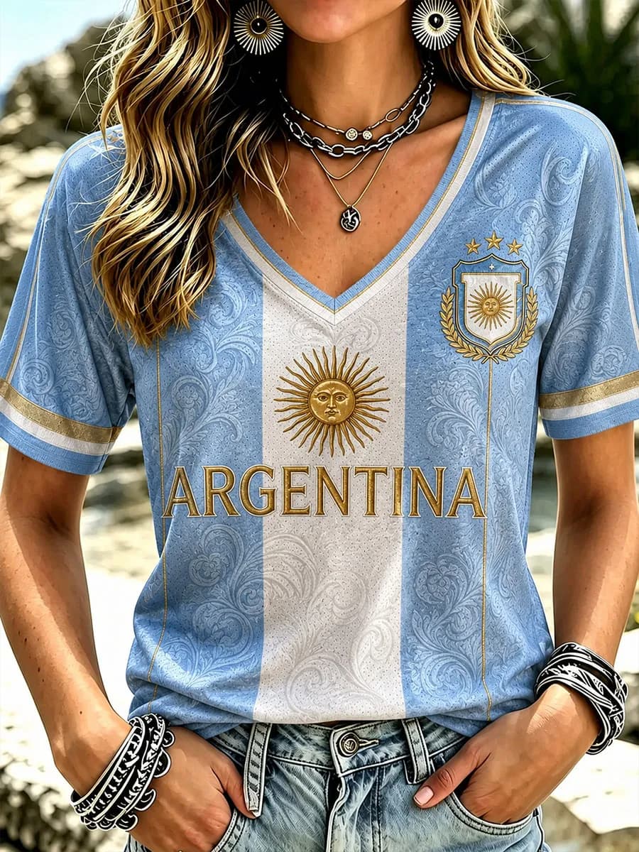 Maillot de football Argentine 2026 pour femme, manches courtes, imprimé national, T-shirt de football respirant et décontracté pour fans