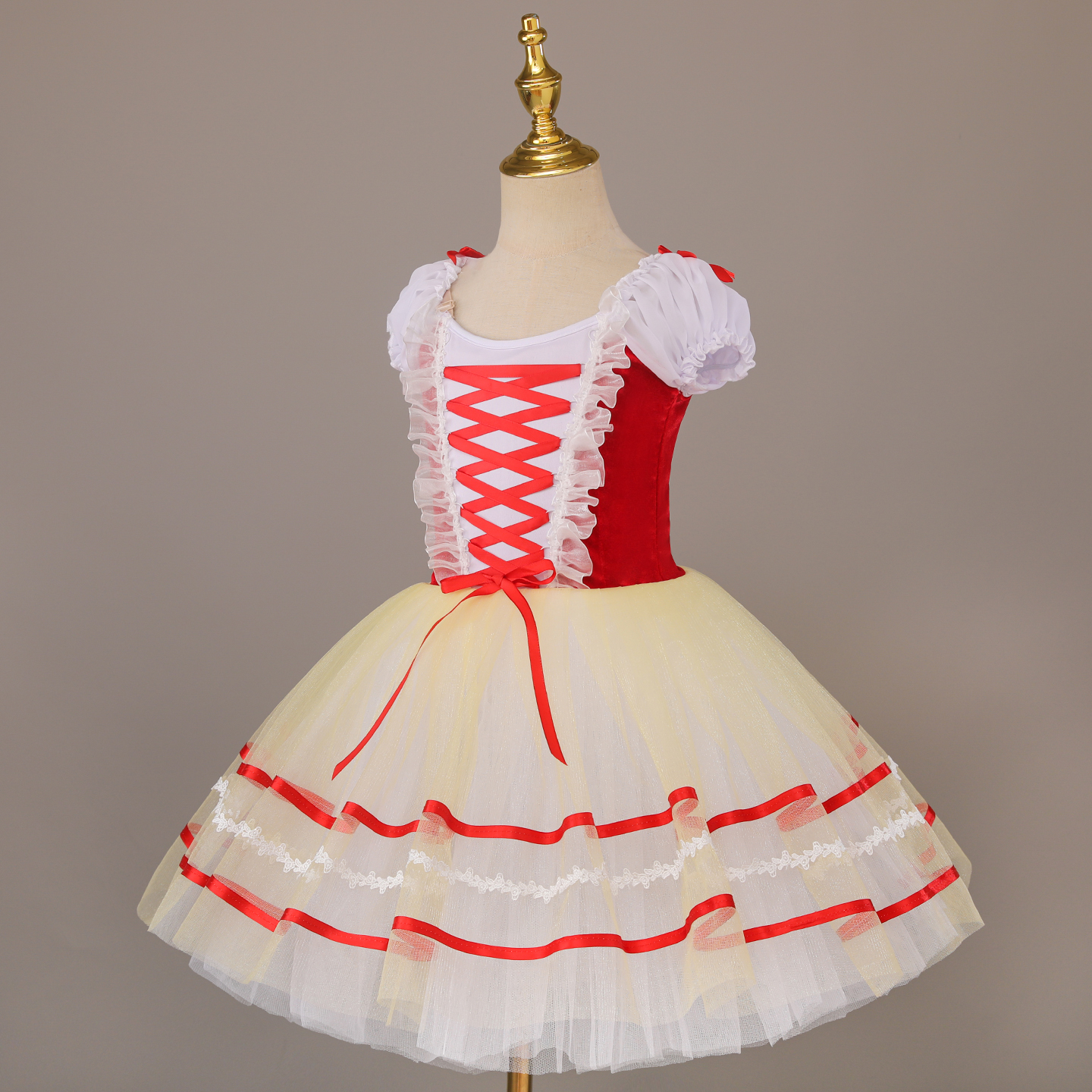 Robe de tutu de ballet professionnelle, jupe en tulle gaze coupe trapèze, rouge et blanc, manches bouffantes, nœud, costume de danse pour scène de princesse fée