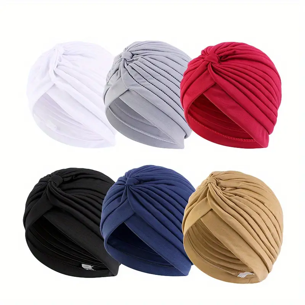 6 bonnets turban plissés doux et confortables pour femmes - Élastiques, confortables, non parfumés, pour chimiothérapie, couleurs unies, lot assorti