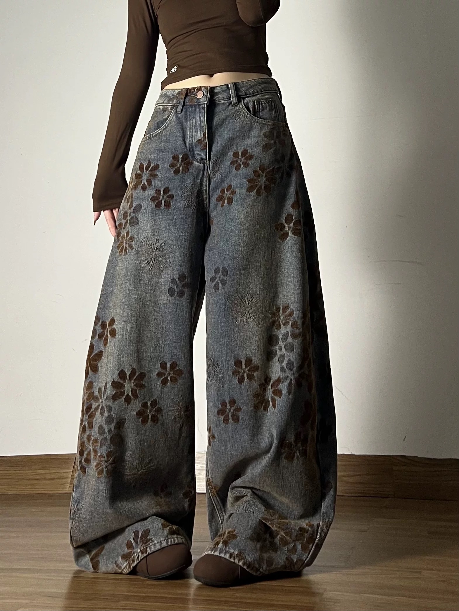 Jean de Style américain pour femmes, Jacquard, couteau incurvé, rétro, délavé, pantalon de sol ample, épicé, polyvalent, mode Y2K, hiver