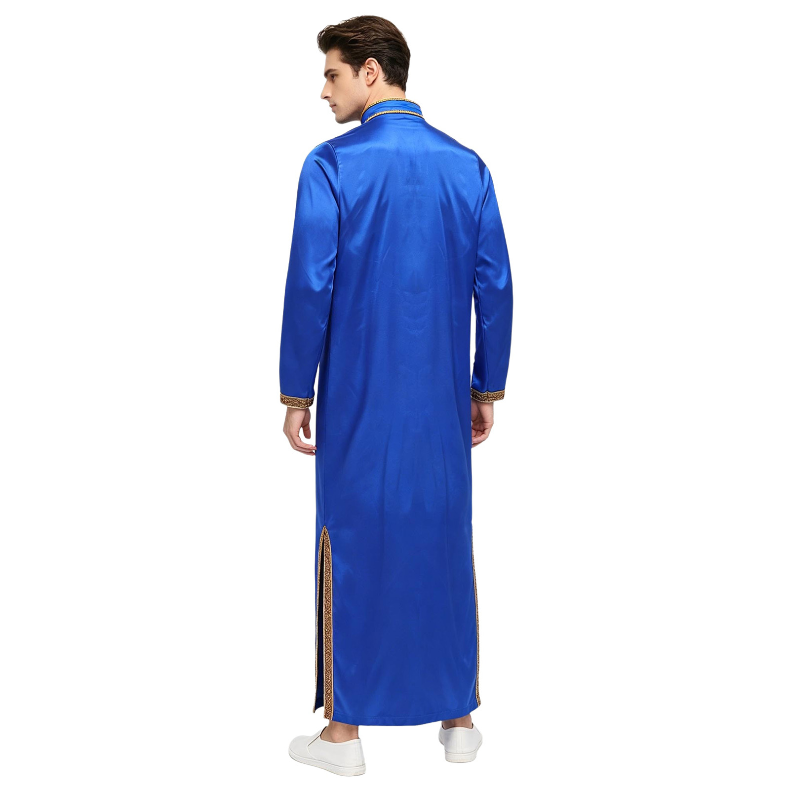 Robe musulmane islamique pour homme, en satin brillant avec bordure dorée, brocart, col montant, manches longues, fermeture éclair sur le devant, Kaftan Thobe, Abaya du Moyen-Orient, Arabie Saoudite