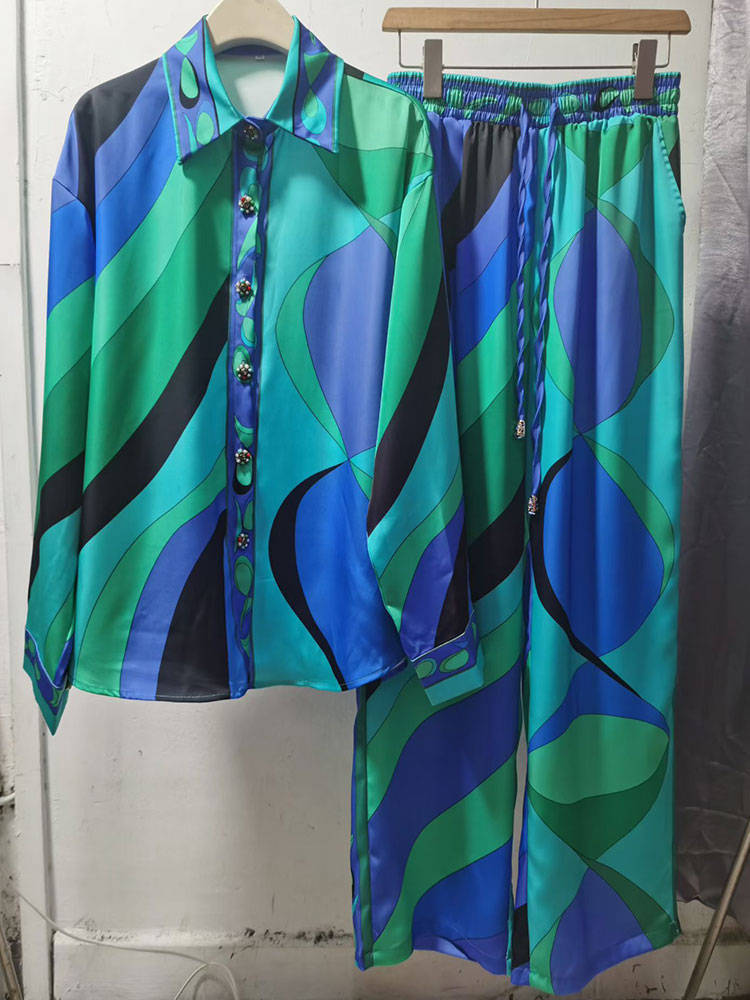 Ensemble 2 pièces pour femme : chemise à imprimé abstrait et pantalon large, élégant, chemisier à manches longues et revers, pantalon à taille élastique assorti