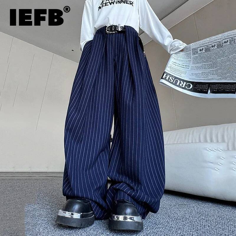 IEFB nouveau Style coréen hommes pantalons décontractés rayé couteau incurvé couleur unie jambe large bas à la mode mâle pantalon à la mode 9W4173