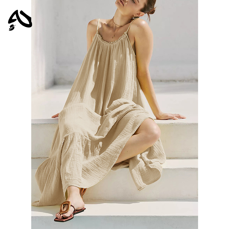 Robe de plage élégante en mousseline, style décontracté, 100% coton, robes maxi rétro, coupe trapèze, sans manches, robe d'été, pour les vacances et les voyages
